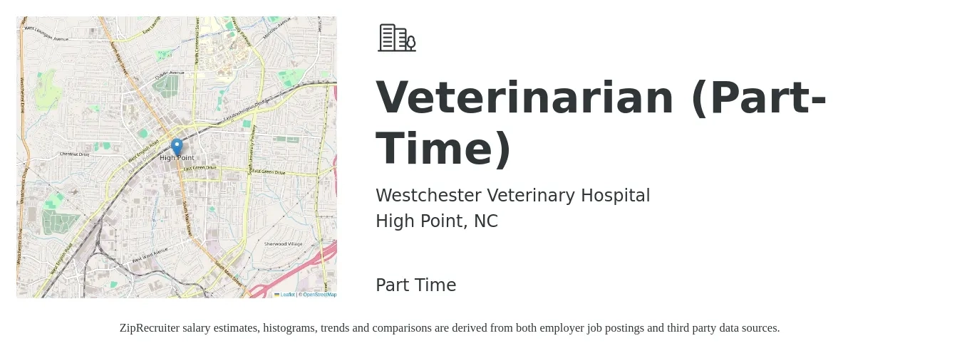 Westchester Veterinary Hospital job posting for a Veterinarian (Part-Time) in High Point, NC with a salary of $99,900 to $194,500 Yearly with a map of High Point location.