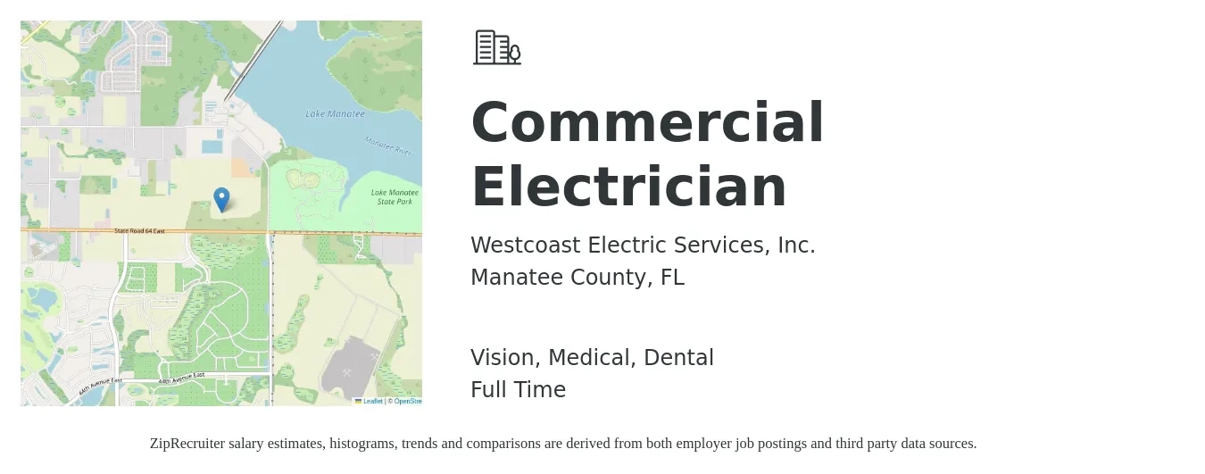 Westcoast Electric Services, Inc. job posting for a Commercial Electrician in Manatee County, FL with a salary of $23 to $28 Hourly and benefits including dental, life_insurance, medical, pto, retirement, and vision with a map of Manatee County location.