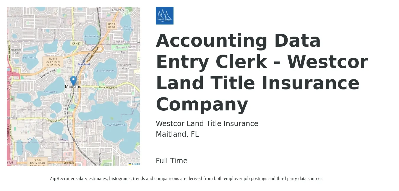 Westcor Land Title Insurance job posting for a Accounting Data Entry Clerk - Westcor Land Title Insurance Company in Maitland, FL with a salary of $17 to $22 Hourly with a map of Maitland location.