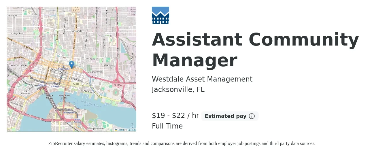 Westdale Asset Management job posting for a Assistant Community Manager in Jacksonville, FL with a salary of $20 to $23 Hourly with a map of Jacksonville location.