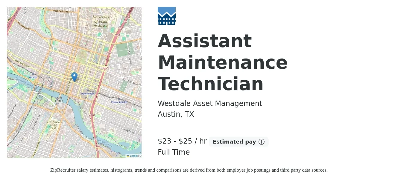 Westdale Asset Management job posting for a Assistant Maintenance Technician in Austin, TX with a salary of $24 to $26 Hourly with a map of Austin location.