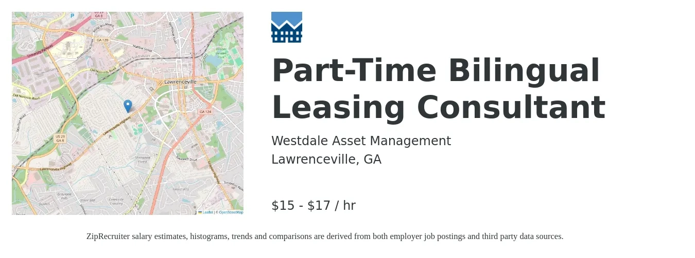 Westdale Asset Management job posting for a Part-Time Bilingual Leasing Consultant in Lawrenceville, GA with a salary of $16 to $18 Hourly with a map of Lawrenceville location.