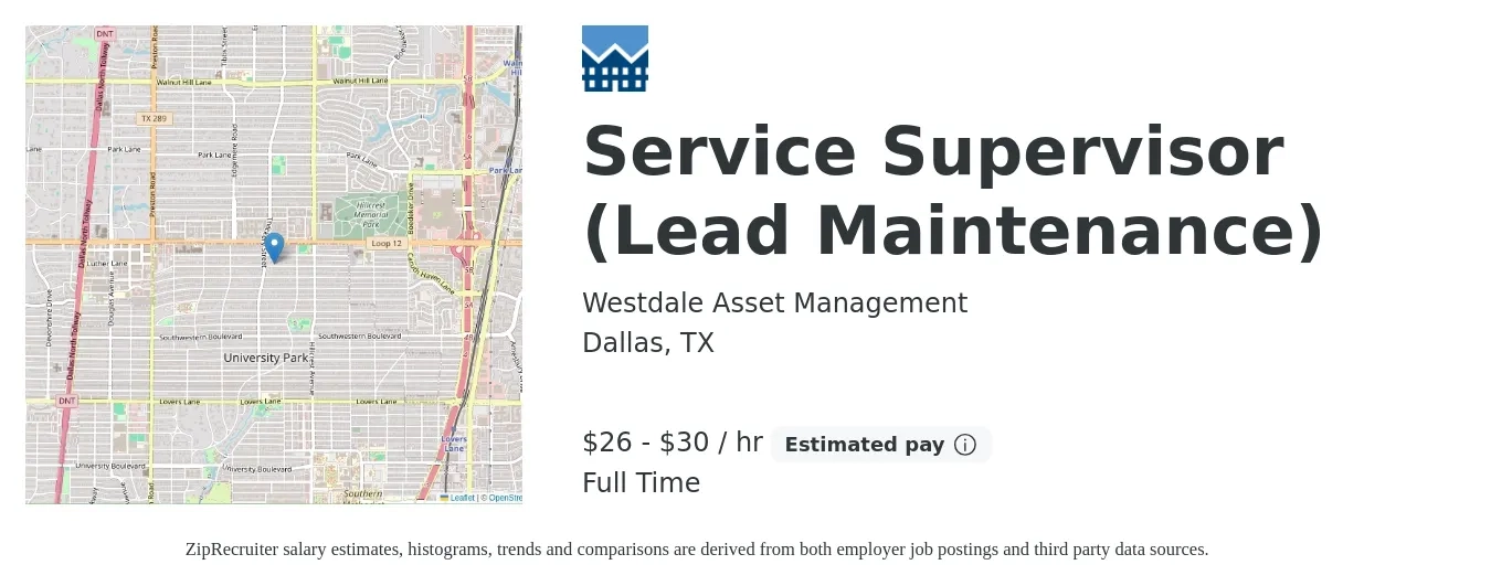Westdale Asset Management job posting for a Service Supervisor (Lead Maintenance) in Dallas, TX with a salary of $24 to $39 Hourly with a map of Dallas location.
