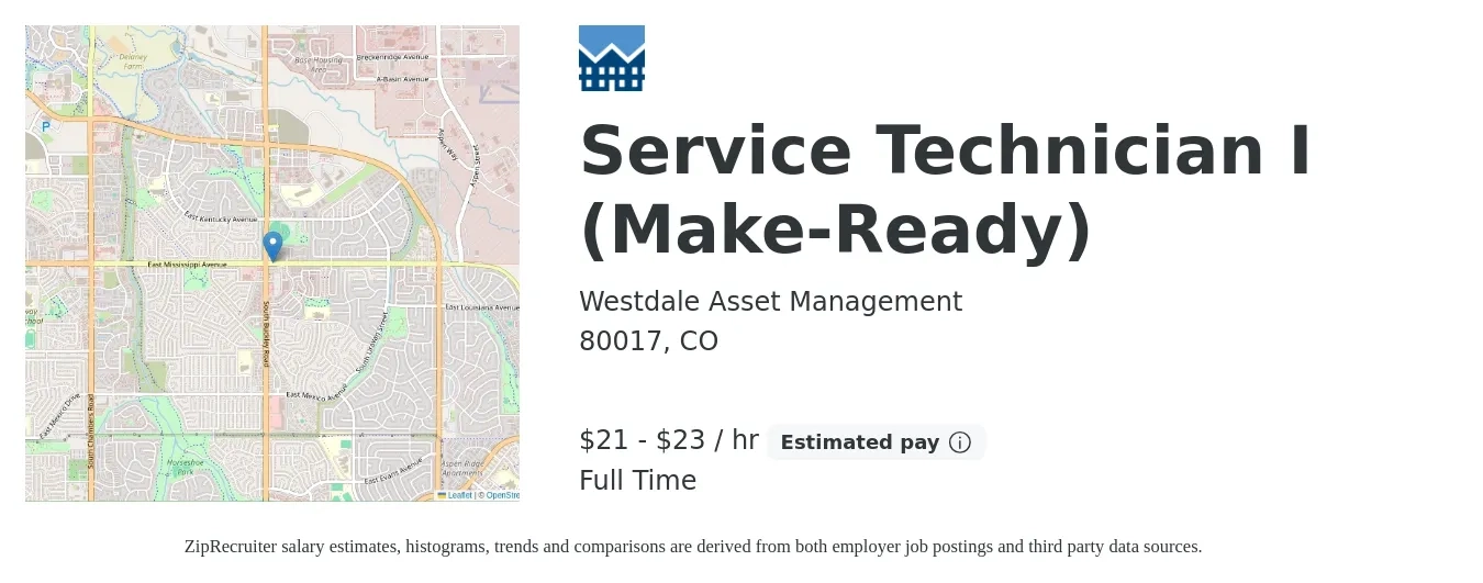 Westdale Asset Management job posting for a Service Technician I (Make-Ready) in 80017, CO with a salary of $22 to $24 Hourly with a map of 80017 location.