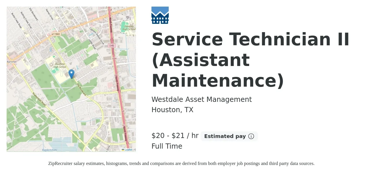 Westdale Asset Management job posting for a Service Technician II (Assistant Maintenance) in Houston, TX with a salary of $21 to $22 Hourly with a map of Houston location.