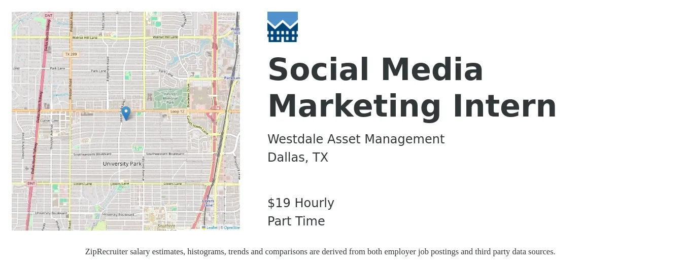 Westdale Asset Management job posting for a Social Media Marketing Intern in Dallas, TX with a salary of $20 Yearly with a map of Dallas location.
