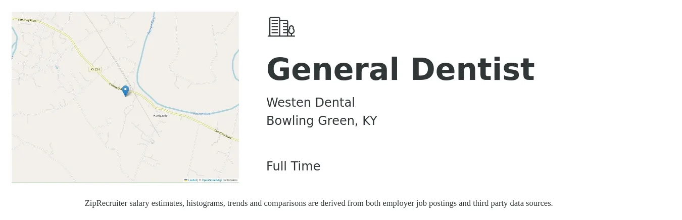 Westen Dental job posting for a General Dentist in Bowling Green, KY with a salary of $132,000 to $213,400 Yearly with a map of Bowling Green location.