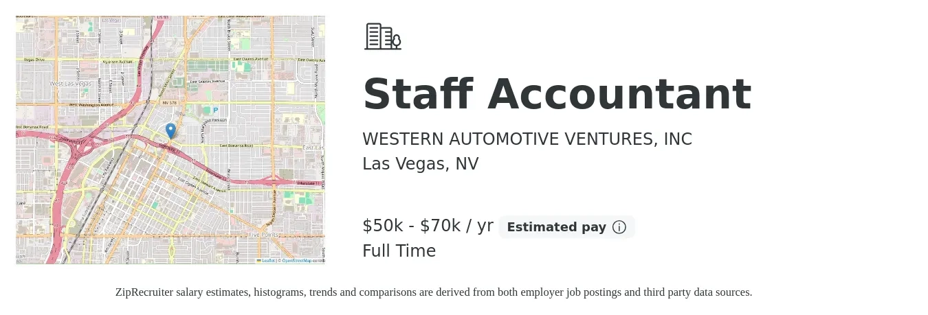 WESTERN AUTOMOTIVE VENTURES, INC job posting for a Staff Accountant in Las Vegas, NV with a salary of $50,000 to $60,000 Yearly with a map of Las Vegas location.