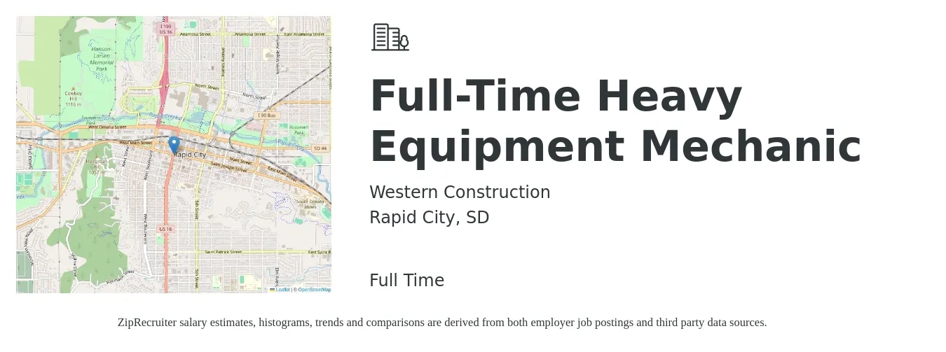 Western Construction job posting for a Full-Time Heavy Equipment Mechanic in Rapid City, SD with a salary of $26 to $34 Hourly with a map of Rapid City location.