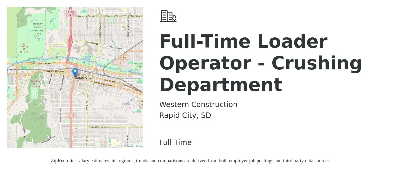 Western Construction job posting for a Full-Time Loader Operator - Crushing Department in Rapid City, SD with a salary of $16 to $22 Hourly with a map of Rapid City location.