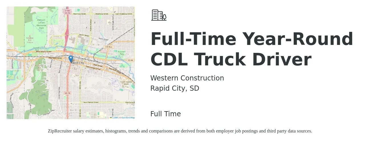 Western Construction job posting for a Full-Time Year-Round CDL Truck Driver in Rapid City, SD with a salary of $1,180 to $1,710 Weekly with a map of Rapid City location.