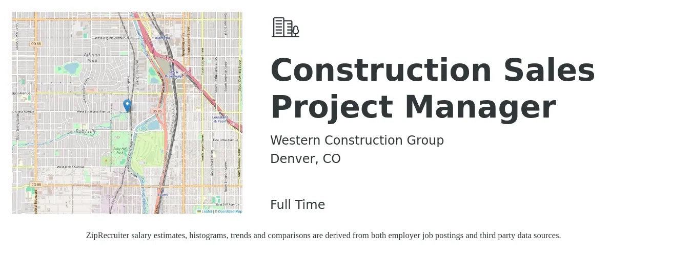 Western Construction Group job posting for a Construction Sales Project Manager in Denver, CO with a salary of $60,500 to $117,800 Yearly with a map of Denver location.