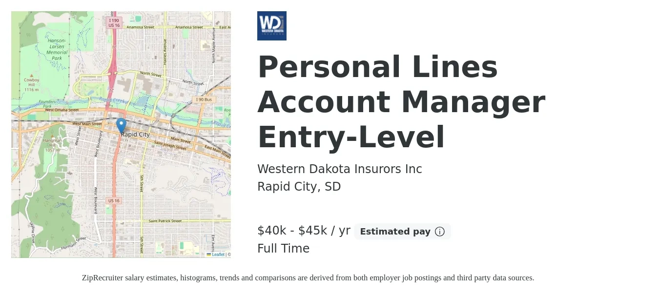 Western Dakota Insurors Inc job posting for a Personal Lines Account Manager Entry-Level in Rapid City, SD with a salary of $40,000 to $45,000 Yearly with a map of Rapid City location.