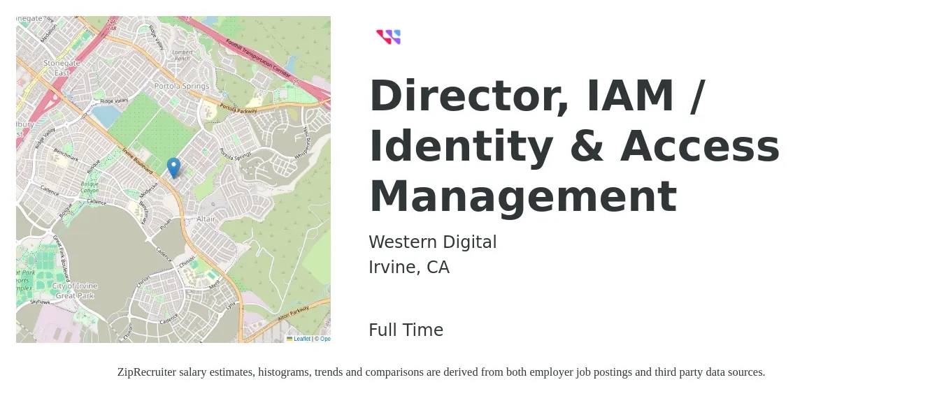 Western Digital job posting for a Director, IAM / Identity & Access Management in Irvine, CA with a salary of $48 to $77 Hourly with a map of Irvine location.