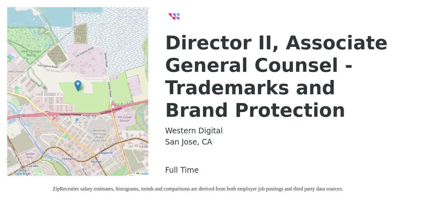 Western Digital job posting for a Director II, Associate General Counsel - Trademarks and Brand Protection in San Jose, CA with a salary of $126,000 to $222,700 Yearly with a map of San Jose location.