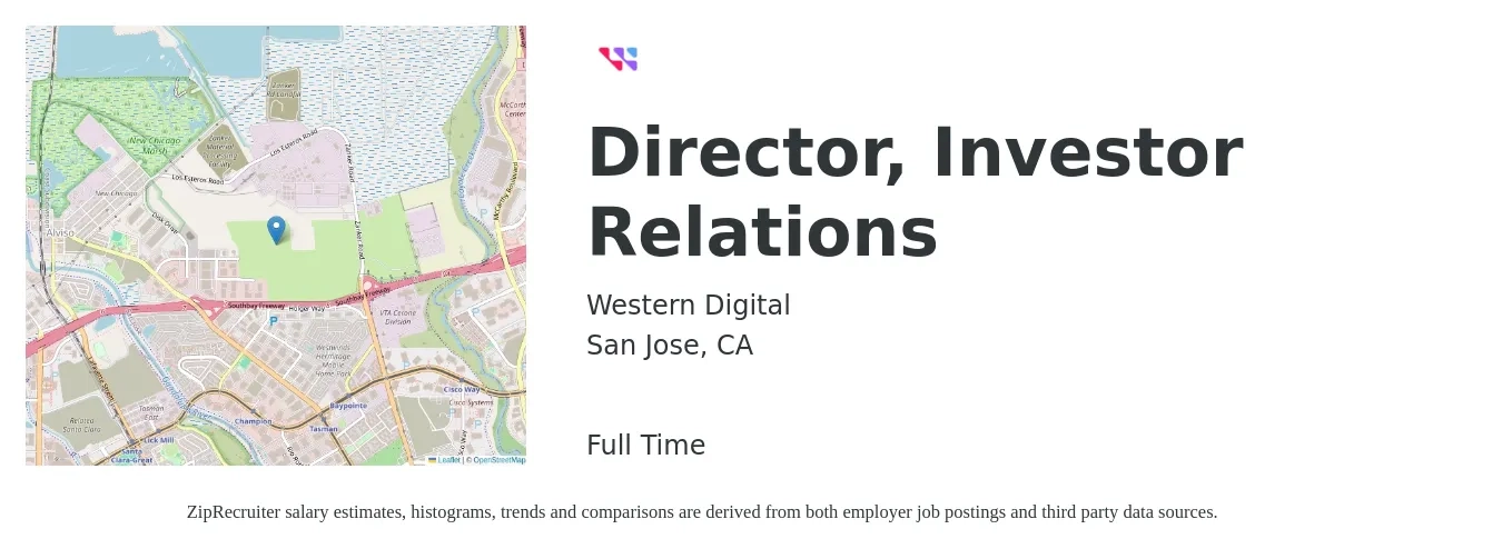 Western Digital job posting for a Director, Investor Relations in San Jose, CA with a salary of $116,600 to $228,500 Yearly with a map of San Jose location.