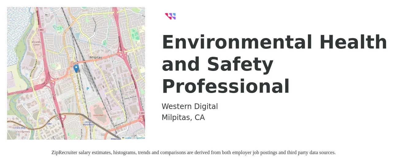 Western Digital job posting for a Environmental, Health, and Safety Professional in Milpitas, CA with a salary of $31 to $48 Hourly with a map of Milpitas location.