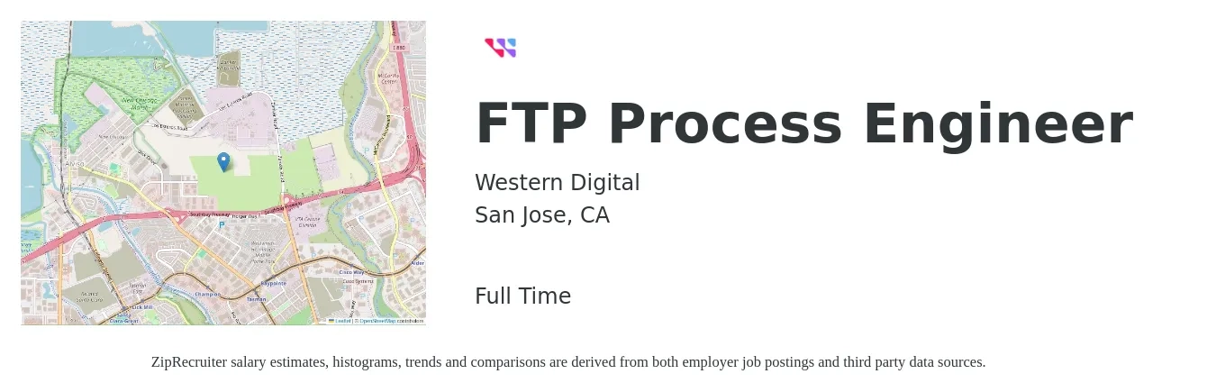 Western Digital job posting for a FTP Process Engineer in San Jose, CA with a salary of $87,300 to $120,700 Yearly with a map of San Jose location.