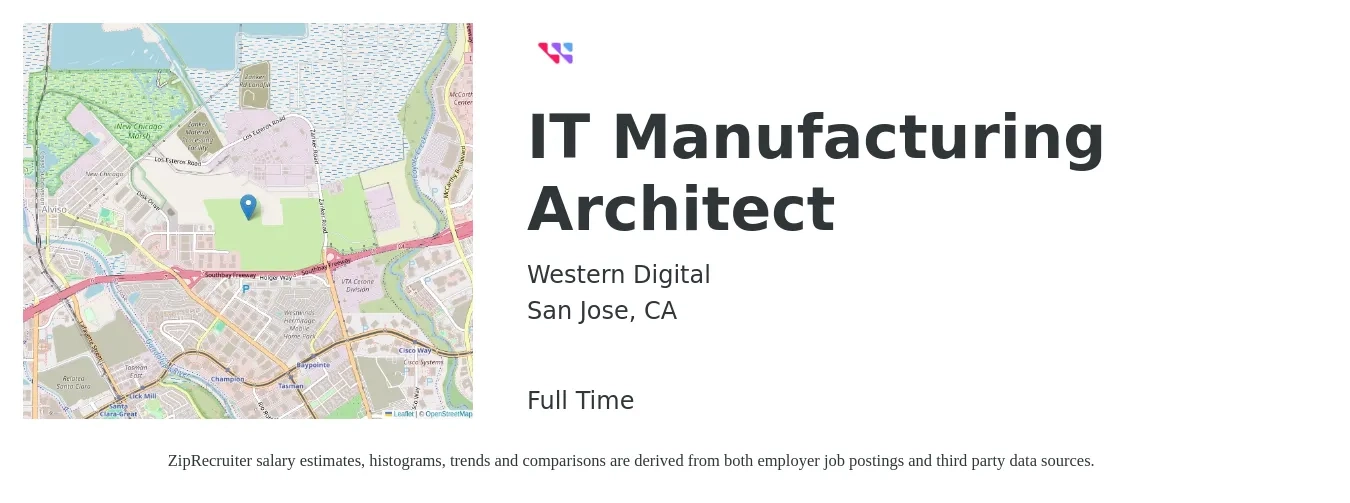 Western Digital job posting for a IT Manufacturing Architect in San Jose, CA with a salary of $56 to $86 Hourly with a map of San Jose location.