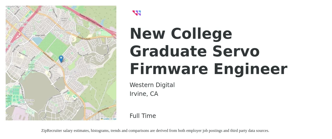 Western Digital job posting for a New College Graduate Servo Firmware Engineer in Irvine, CA with a salary of $153,500 to $220,000 Yearly with a map of Irvine location.