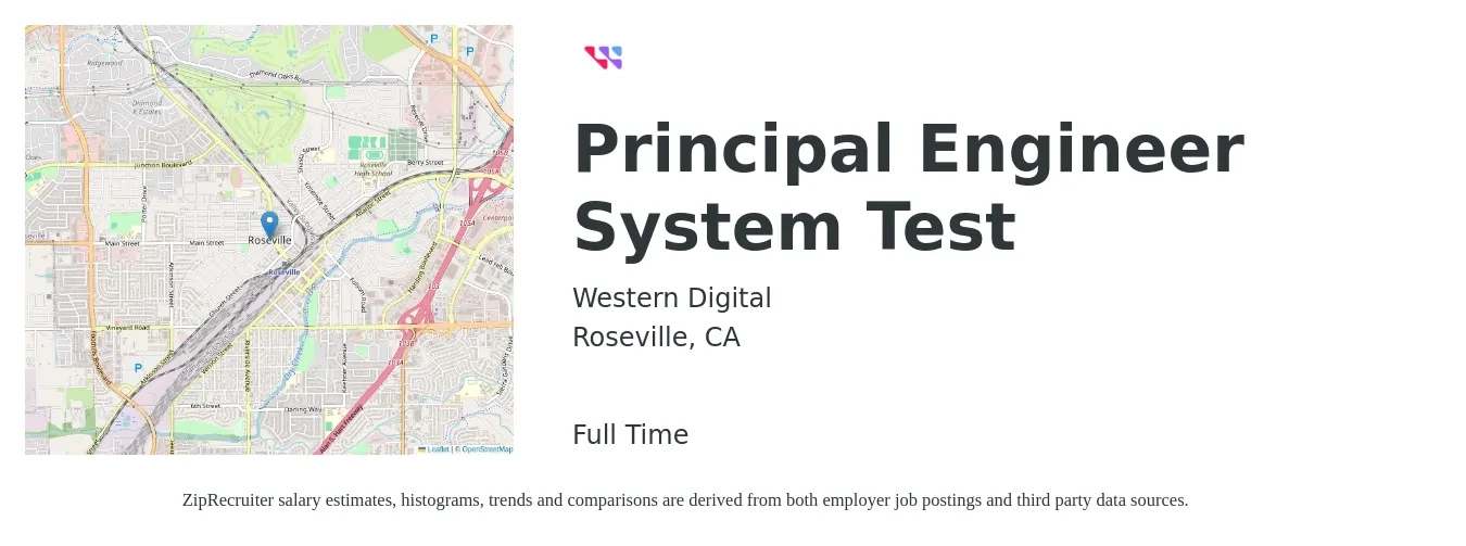 Western Digital job posting for a Principal Engineer System Test in Roseville, CA with a salary of $125,800 to $183,400 Yearly with a map of Roseville location.