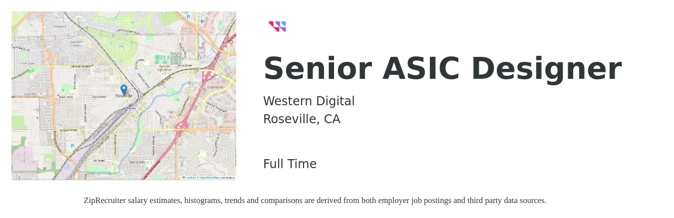 Western Digital job posting for a Senior ASIC Designer in Roseville, CA with a salary of $45 to $59 Hourly with a map of Roseville location.