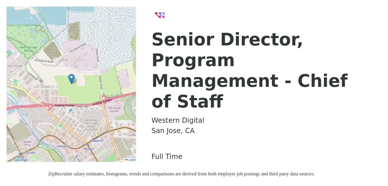 Western Digital job posting for a Senior Director, Program Management - Chief of Staff in San Jose, CA with a salary of $109,000 to $171,100 Yearly with a map of San Jose location.