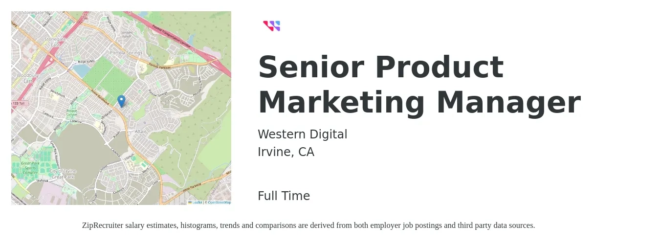 Western Digital job posting for a Senior Product Marketing Manager in Irvine, CA with a salary of $129,900 to $170,100 Yearly with a map of Irvine location.