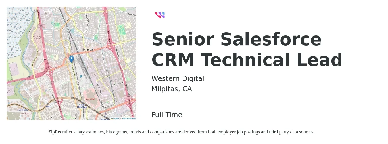 Western Digital job posting for a Senior Salesforce CRM Technical Lead in Milpitas, CA with a salary of $143,100 to $175,000 Yearly with a map of Milpitas location.