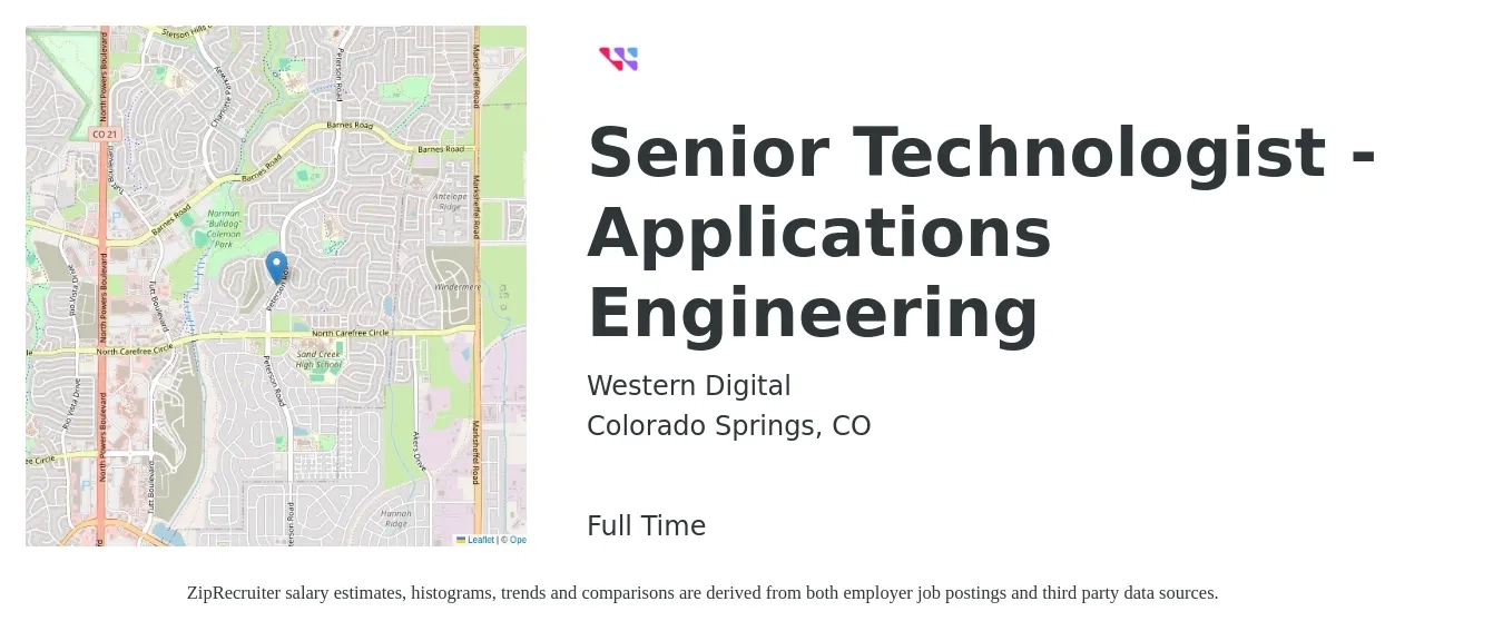 Western Digital job posting for a Senior Technologist - Applications Engineering in Colorado Springs, CO with a salary of $106,400 to $142,400 Yearly with a map of Colorado Springs location.