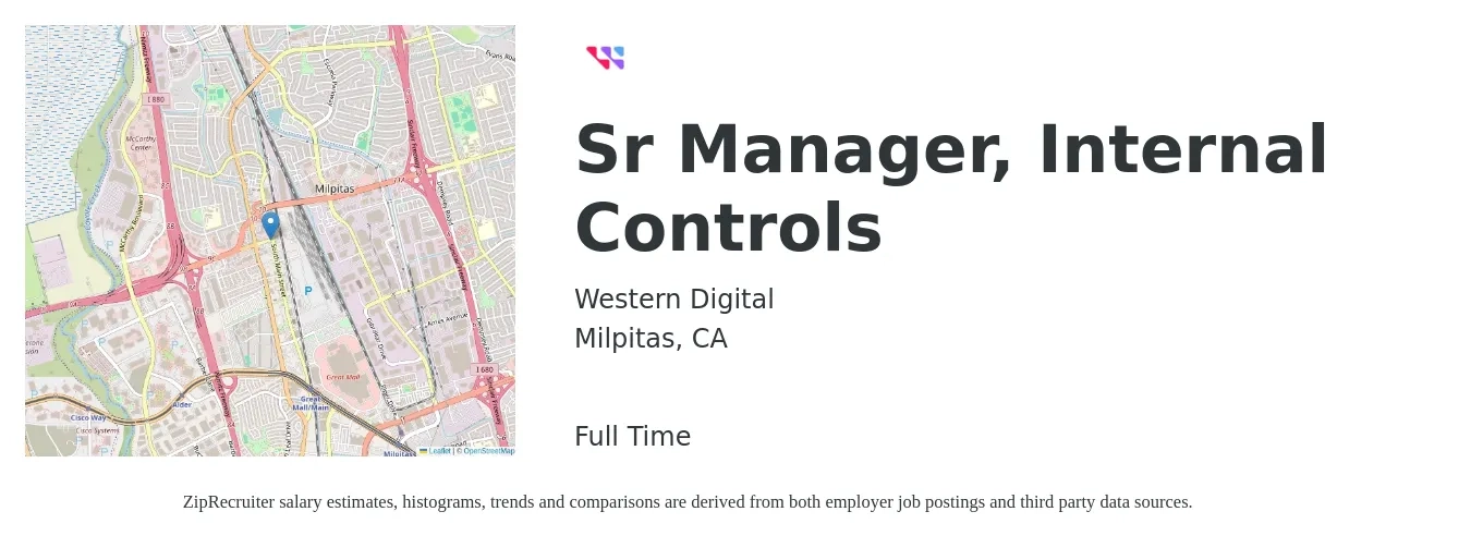 Western Digital job posting for a Sr Manager, Internal Controls in Milpitas, CA with a salary of $102,600 to $140,800 Yearly with a map of Milpitas location.