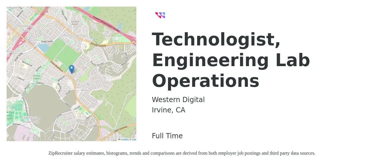 Western Digital job posting for a Technologist, Engineering Lab Operations in Irvine, CA with a salary of $27 to $53 Hourly with a map of Irvine location.