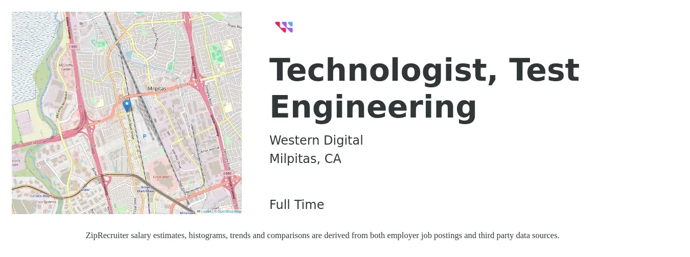 Western Digital job posting for a Technologist, Test Engineering in Milpitas, CA with a salary of $47 to $79 Hourly with a map of Milpitas location.