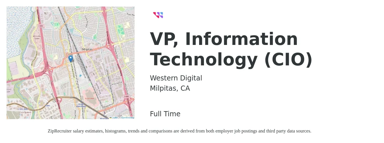 Western Digital job posting for a VP, Information Technology (CIO) in Milpitas, CA with a salary of $179,000 to $224,000 Yearly with a map of Milpitas location.