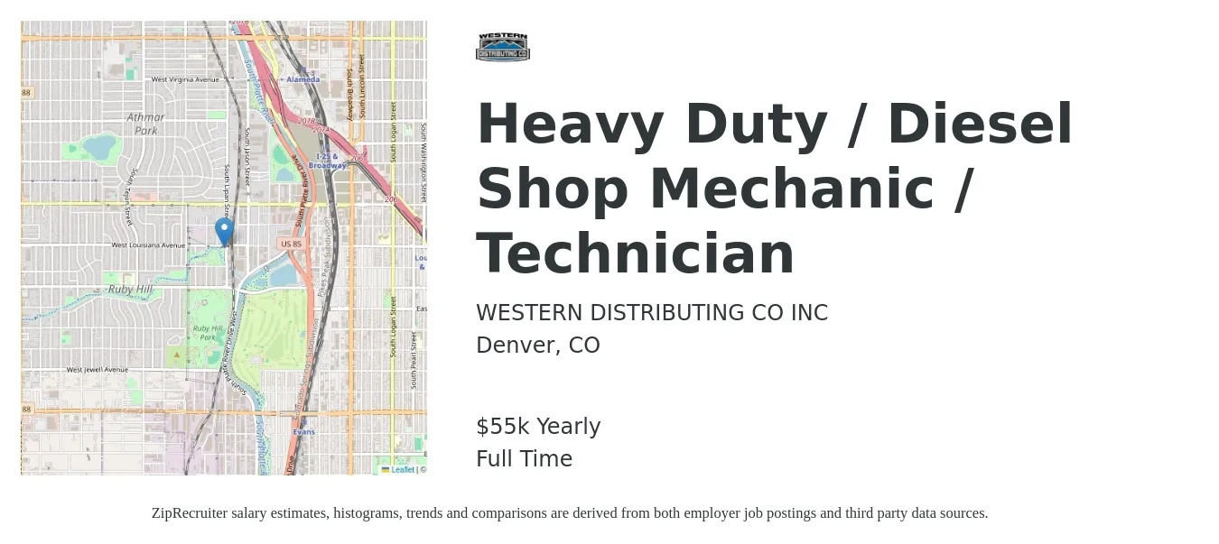 WESTERN DISTRIBUTING CO INC job posting for a Heavy Duty / Diesel Shop Mechanic / Technician in Denver, CO with a salary of $55,000 Yearly with a map of Denver location.