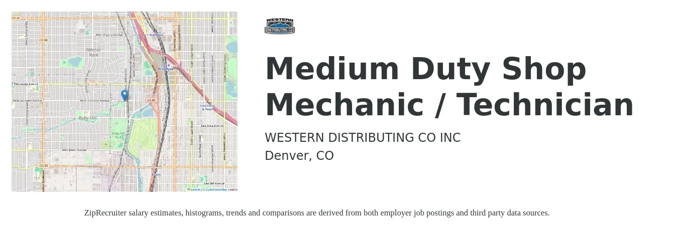 WESTERN DISTRIBUTING CO INC job posting for a Medium Duty Shop Mechanic / Technician in Denver, CO with a salary of $24 to $34 Hourly with a map of Denver location.
