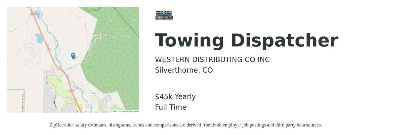WESTERN DISTRIBUTING CO INC job posting for a Towing Dispatcher in Silverthorne, CO with a salary of $45,000 Yearly with a map of Silverthorne location.