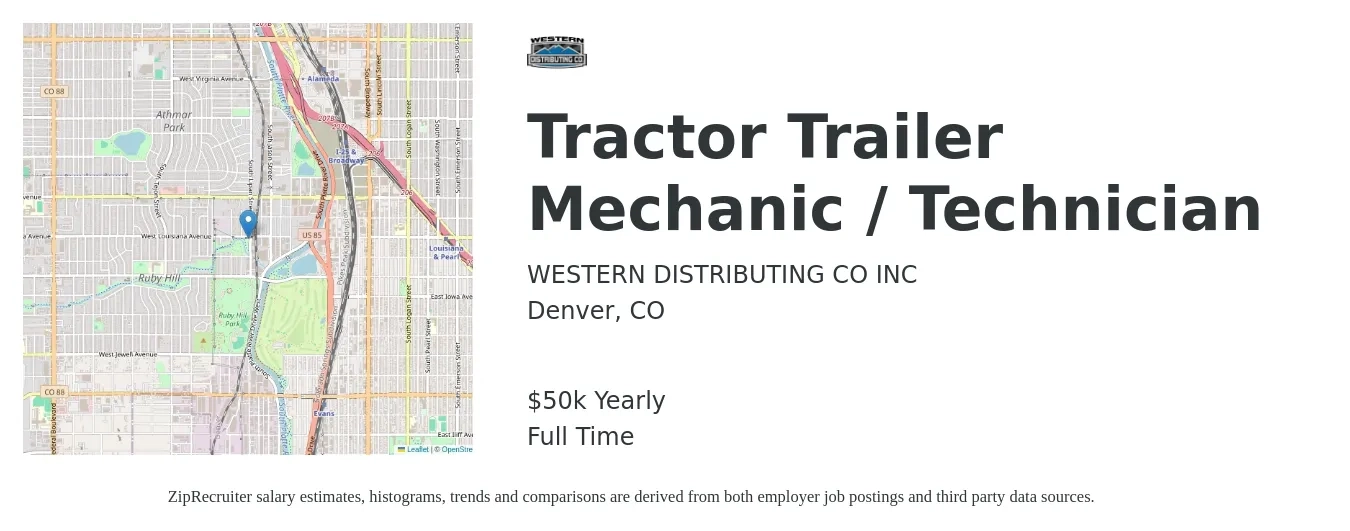 WESTERN DISTRIBUTING CO INC job posting for a Tractor Trailer Mechanic / Technician in Denver, CO with a salary of $50,000 Yearly with a map of Denver location.