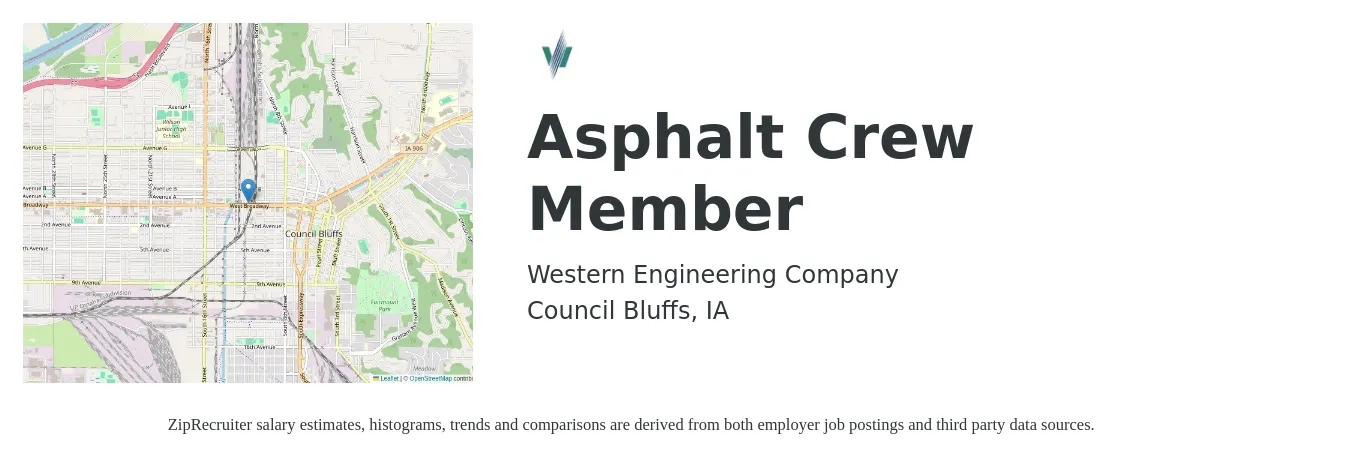 Western Engineering Company job posting for a Asphalt Crew Member in Council Bluffs, IA with a salary of $11 to $15 Hourly with a map of Council Bluffs location.