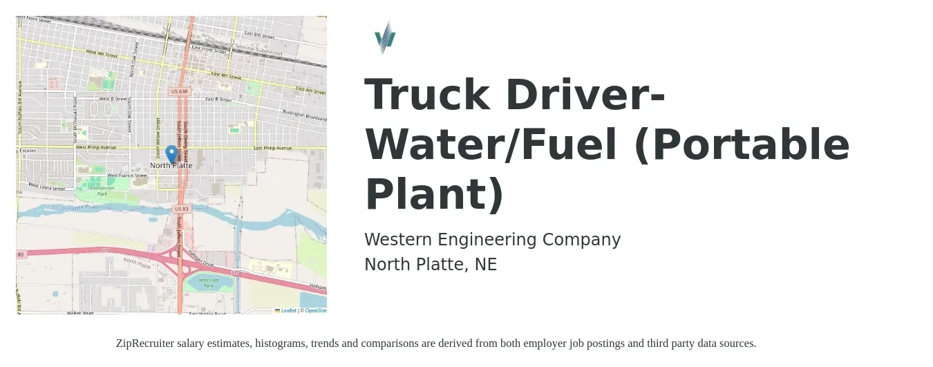 Western Engineering Company job posting for a Truck Driver- Water/Fuel (Portable Plant) in North Platte, NE with a salary of $25 to $34 Hourly with a map of North Platte location.