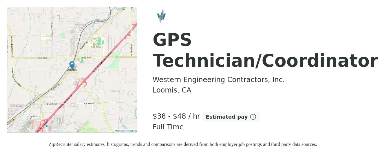 Western Engineering Contractors, Inc. job posting for a GPS Technician/Coordinator in Loomis, CA with a salary of $40 to $50 Hourly with a map of Loomis location.