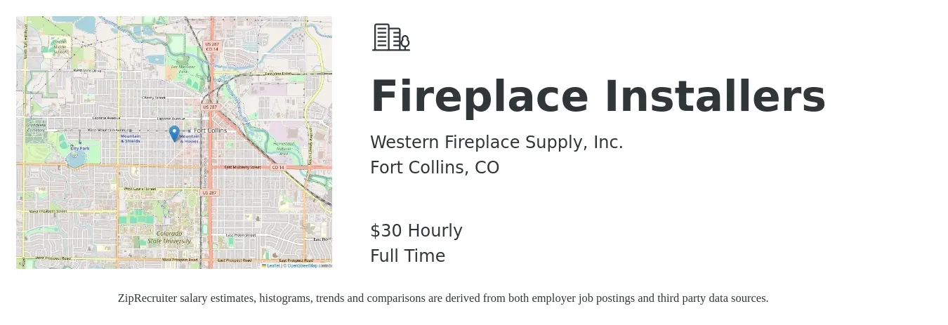 Western Fireplace Supply, Inc. job posting for a Fireplace Installers in Fort Collins, CO with a salary of $32 Hourly with a map of Fort Collins location.