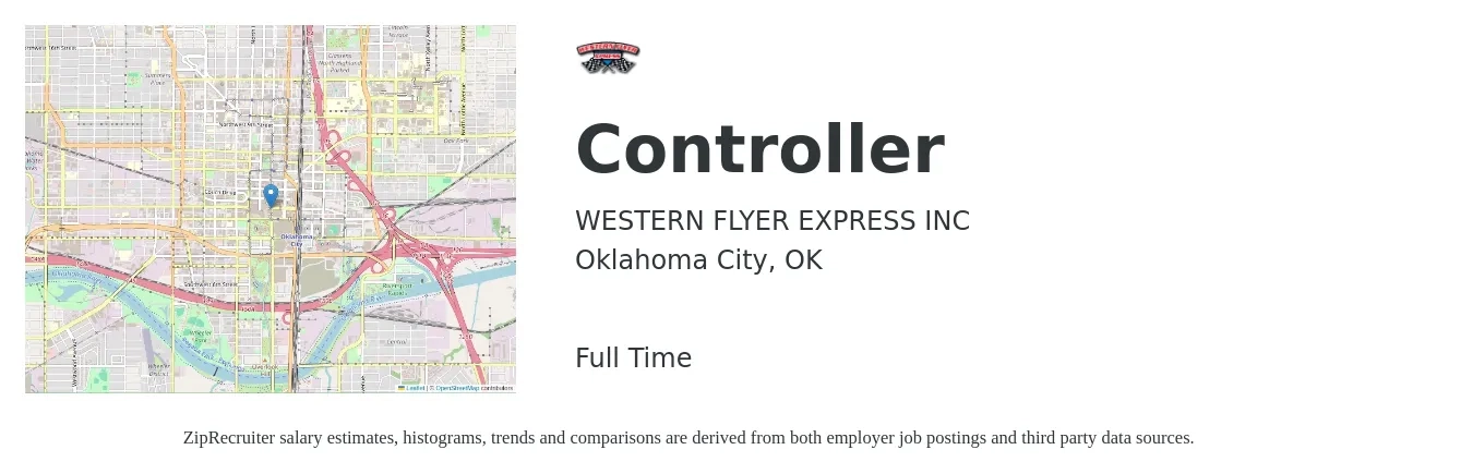 WESTERN FLYER EXPRESS INC job posting for a Controller in Oklahoma City, OK with a salary of $79,900 to $114,100 Yearly with a map of Oklahoma City location.