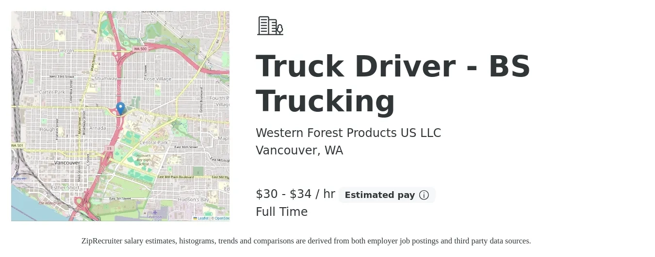 Western Forest Products US LLC job posting for a Truck Driver - BS Trucking in Vancouver, WA with a salary of $32 to $36 Hourly with a map of Vancouver location.