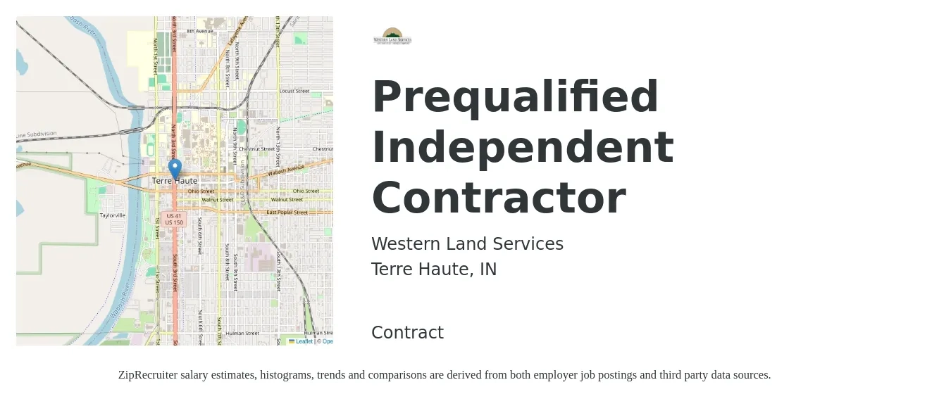 Western Land Services job posting for a Prequalified Independent Contractor in Terre Haute, IN with a salary of $710 to $1,200 Weekly with a map of Terre Haute location.