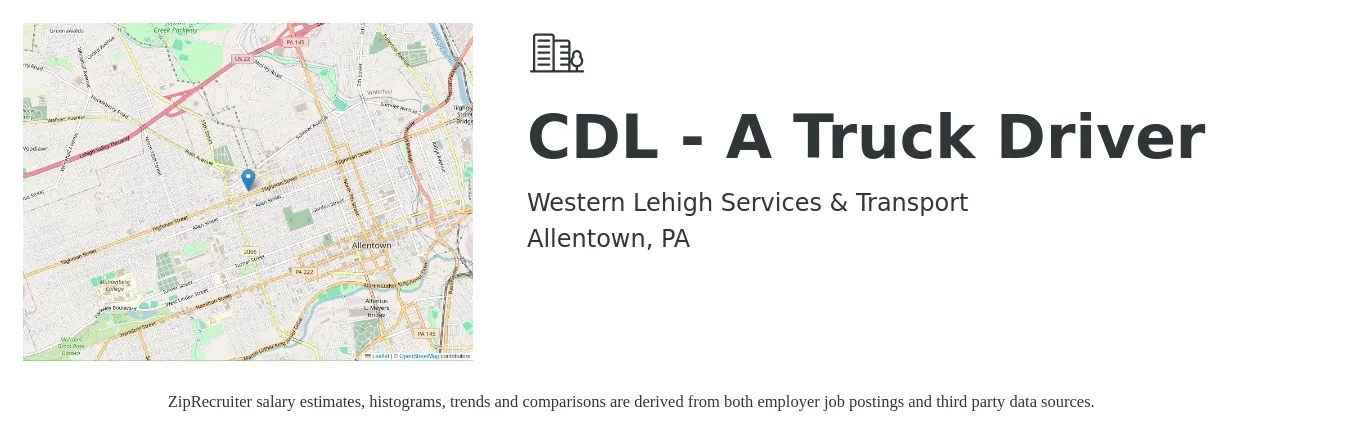 Western Lehigh Services & Transport job posting for a CDL-A Truck Driver in Allentown, PA with a salary of $25 to $28 Hourly with a map of Allentown location.