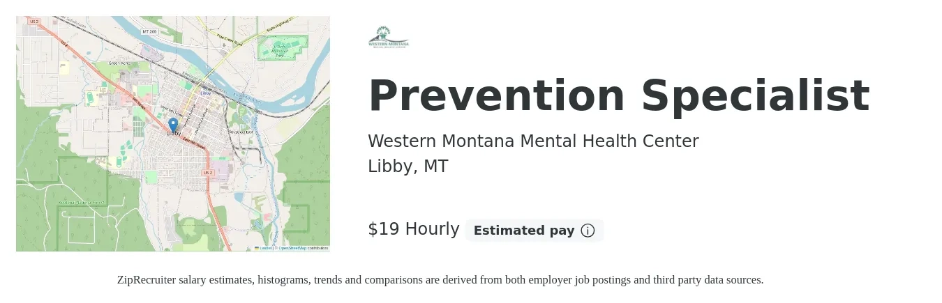 Western Montana Mental Health Center job posting for a Prevention Specialist in Libby, MT with a salary of $20 Hourly with a map of Libby location.