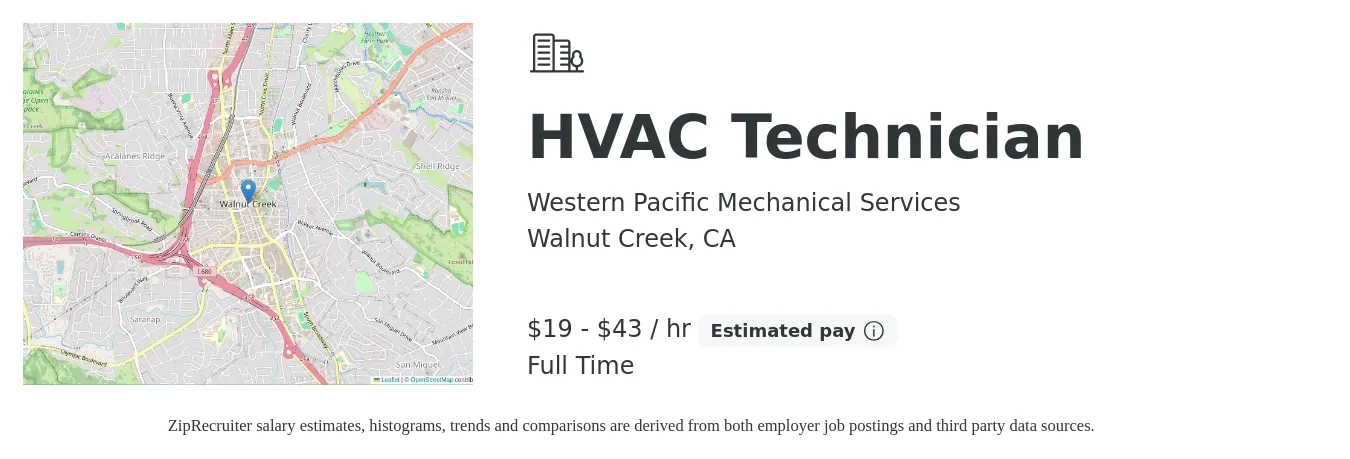 Western Pacific Mechanical Services job posting for a HVAC Technician in Walnut Creek, CA with a salary of $20 to $45 Hourly with a map of Walnut Creek location.