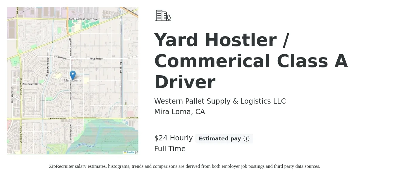 Western Pallet Supply & Logistics LLC job posting for a Yard Hostler / Commerical Class A Driver in Mira Loma, CA with a salary of $25 Hourly with a map of Mira Loma location.