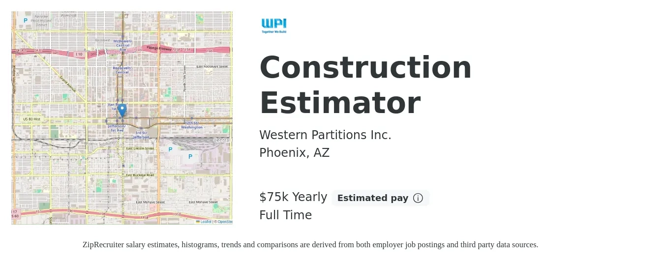 Western Partitions Inc. job posting for a Construction Estimator in Phoenix, AZ with a salary of $75,000 Yearly with a map of Phoenix location.